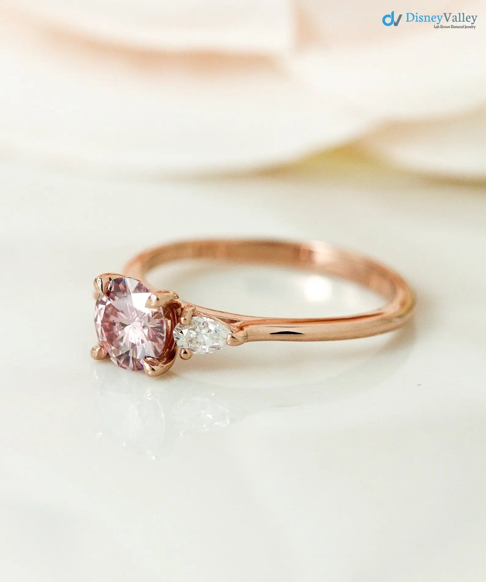 Round Brilliant Cut Peachy Pink lab grown 3 Stone wedding Ring - DisneyValley