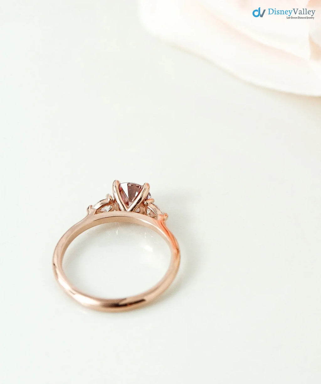 Round Brilliant Cut Peachy Pink lab grown 3 Stone wedding Ring - DisneyValley