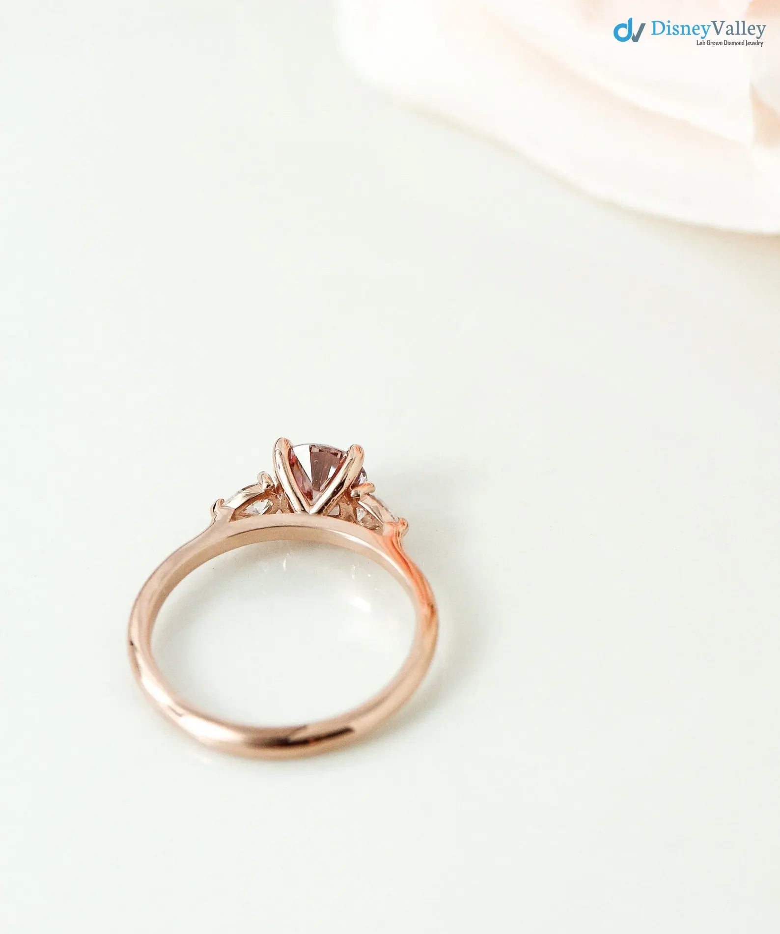 Round Brilliant Cut Peachy Pink lab grown 3 Stone wedding Ring - DisneyValley
