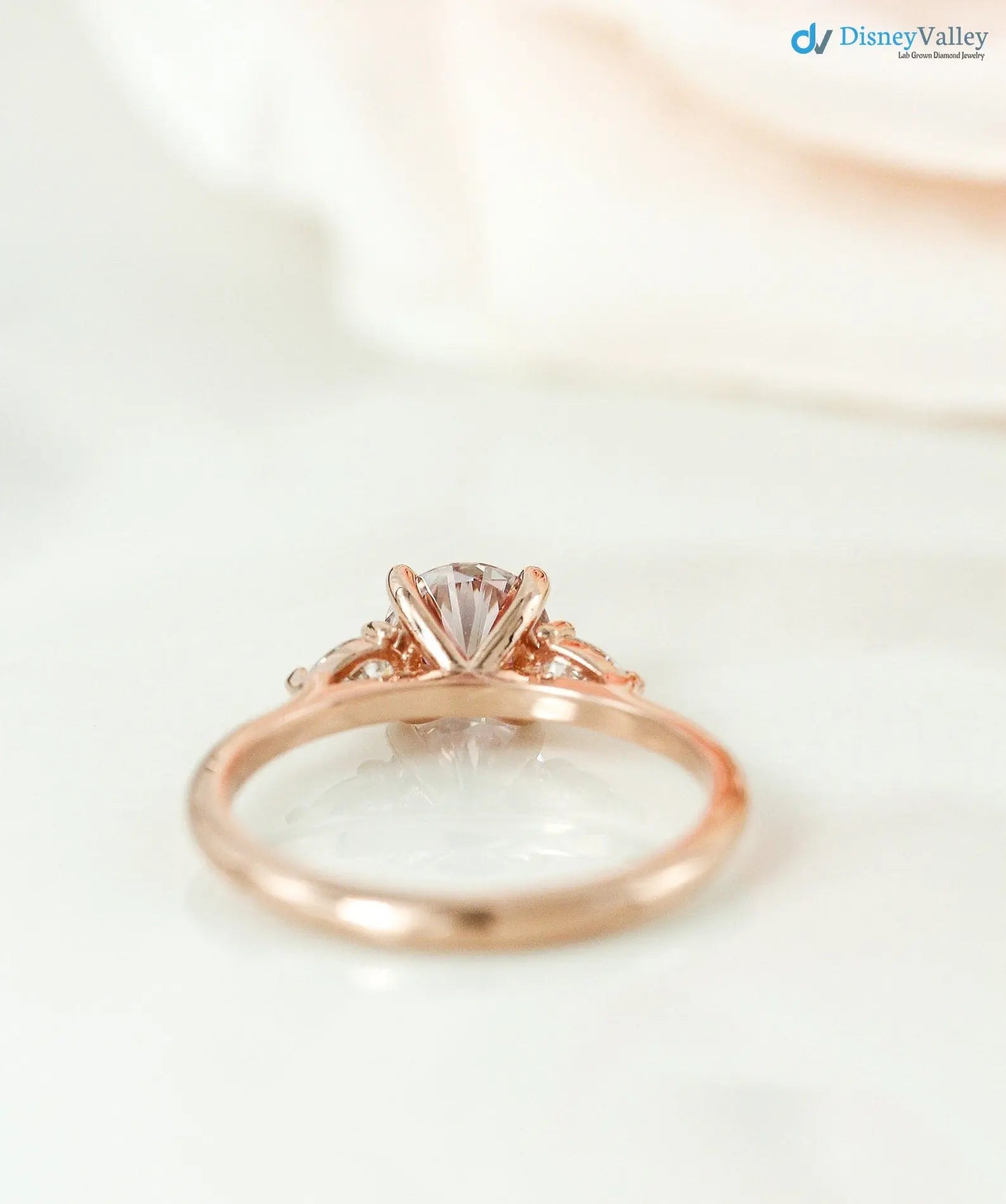 Round Brilliant Cut Peachy Pink lab grown 3 Stone wedding Ring - DisneyValley