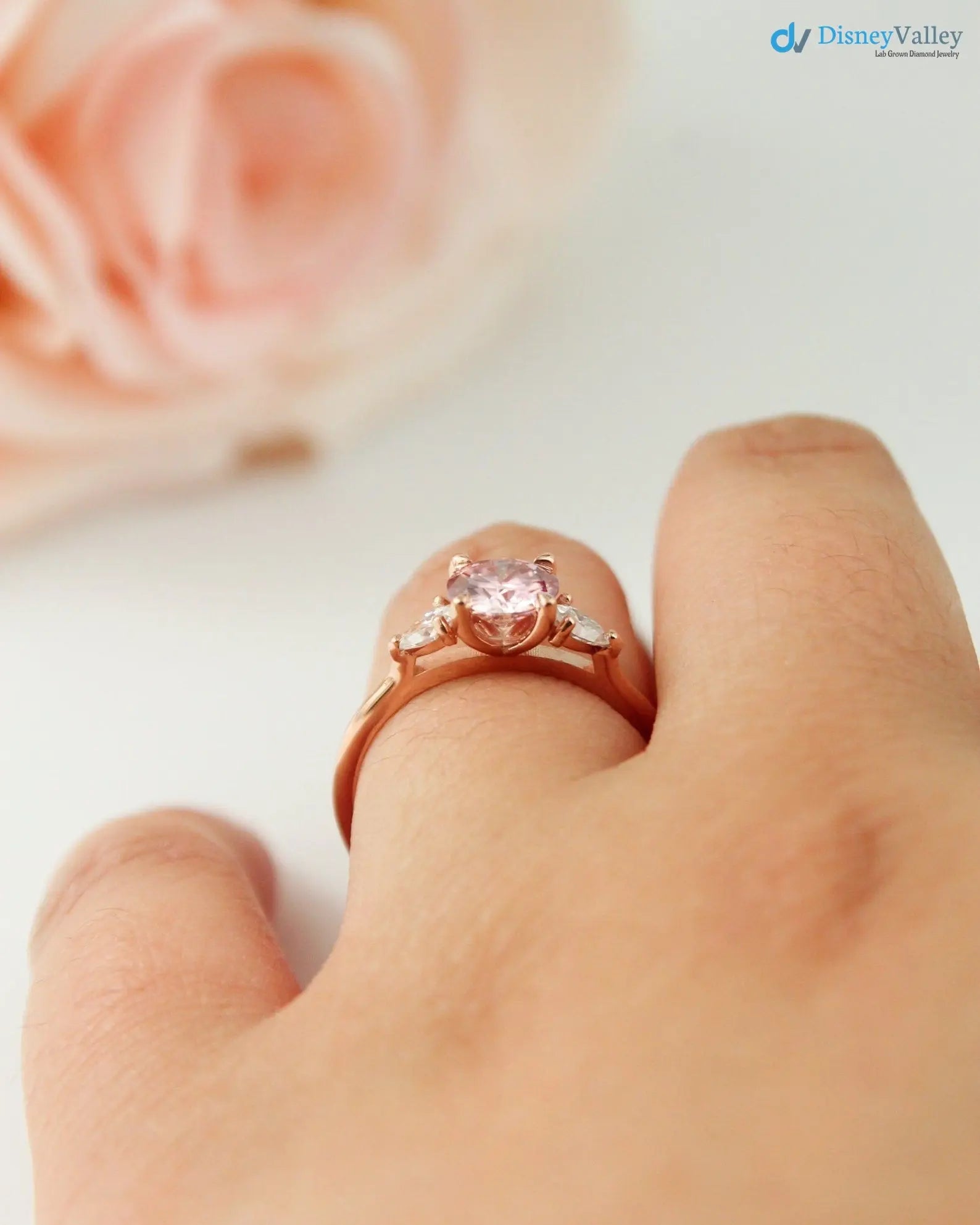 Round Brilliant Cut Peachy Pink lab grown 3 Stone wedding Ring - DisneyValley