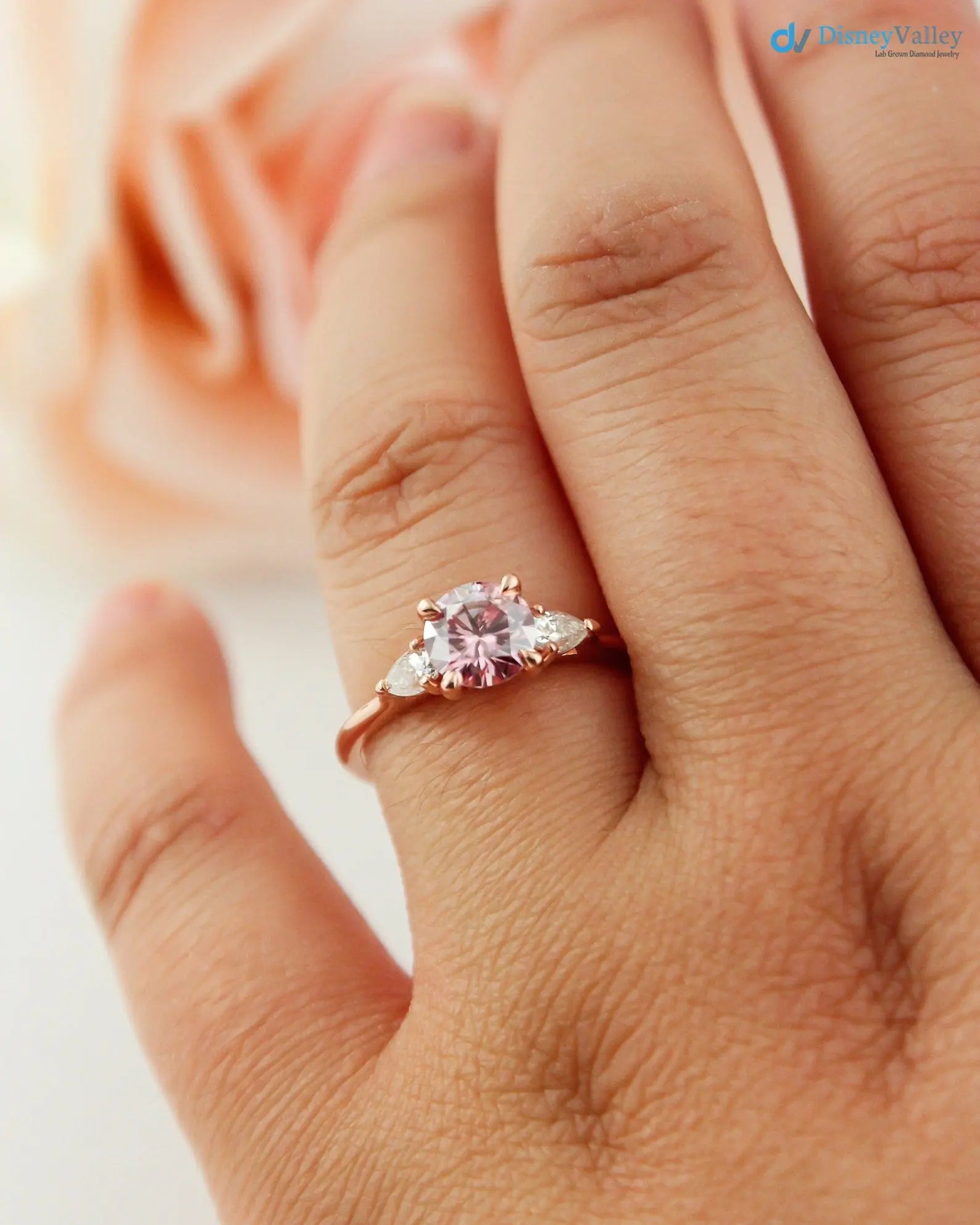 Round Brilliant Cut Peachy Pink lab grown 3 Stone wedding Ring - DisneyValley