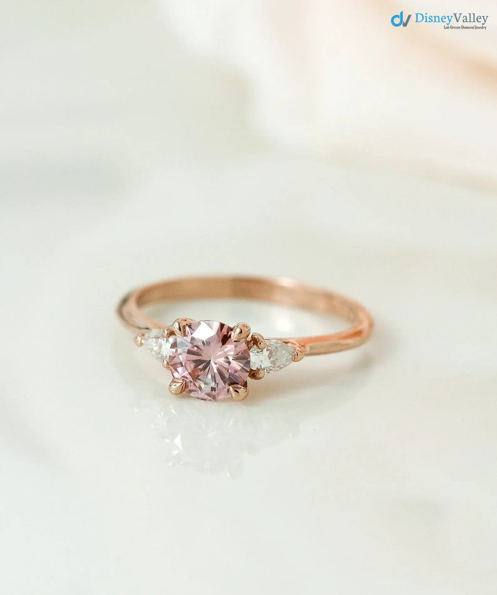 Round Brilliant Cut Peachy Pink lab grown 3 Stone wedding Ring - DisneyValley
