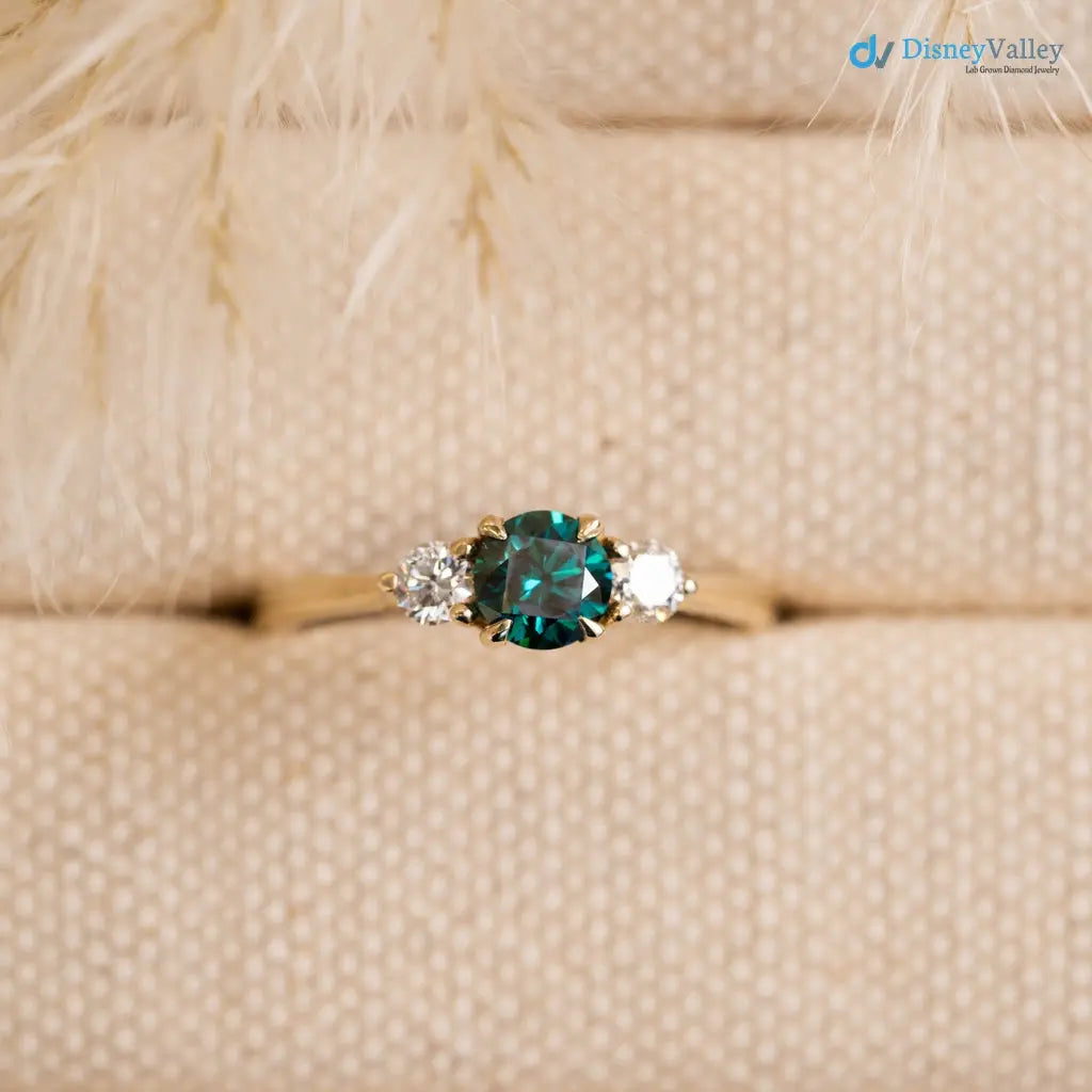 Round Cut Green and white Moissanite diamond three stone wedding ring - DisneyValley Main image