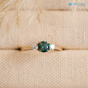 Round Cut Green and white Moissanite diamond three stone wedding ring - DisneyValley