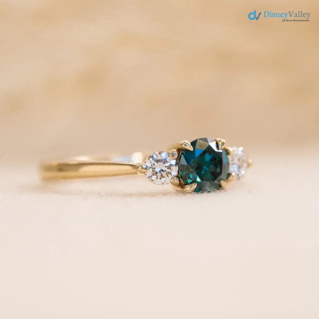 Round Cut Green and white Moissanite diamond three stone wedding ring - DisneyValley