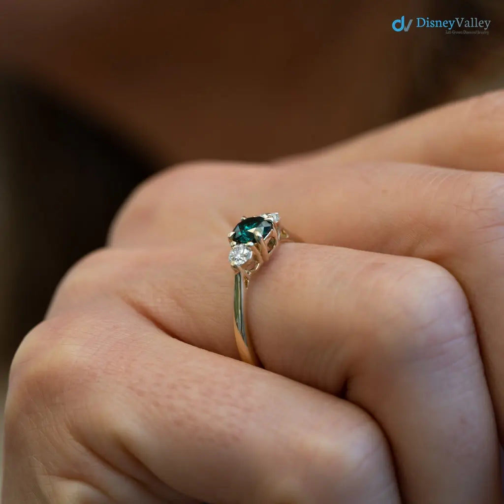 Round Cut Green and white Moissanite diamond three stone wedding ring - DisneyValley