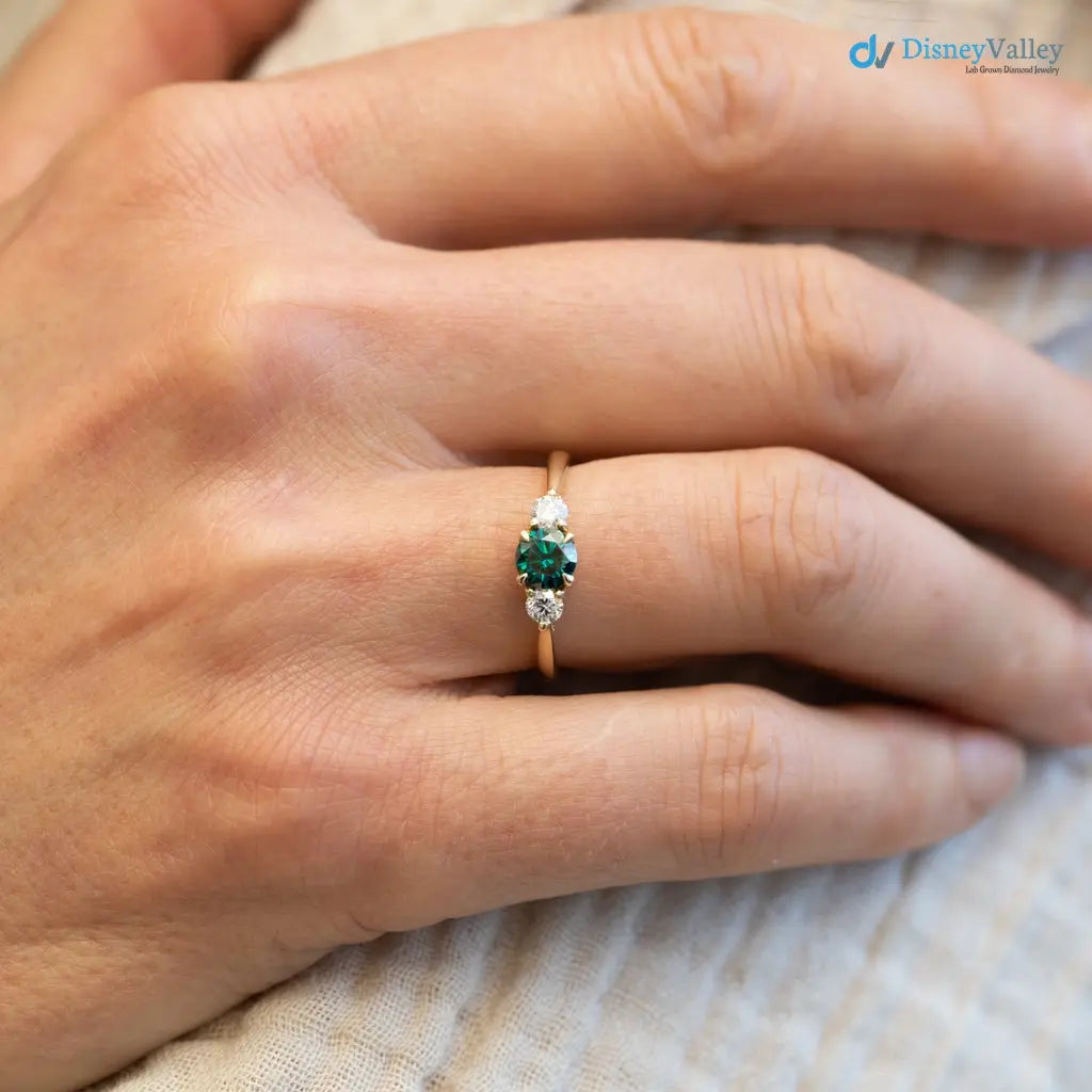 Round Cut Green and white Moissanite diamond three stone wedding ring - DisneyValley