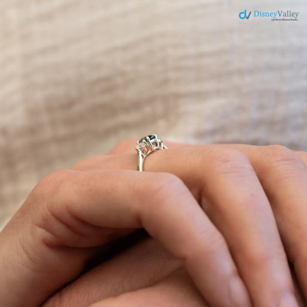 Round Cut Green and white Moissanite diamond three stone wedding ring - DisneyValley
