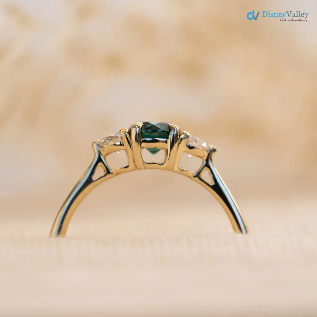 Round Cut Green and white Moissanite diamond three stone wedding ring - DisneyValley