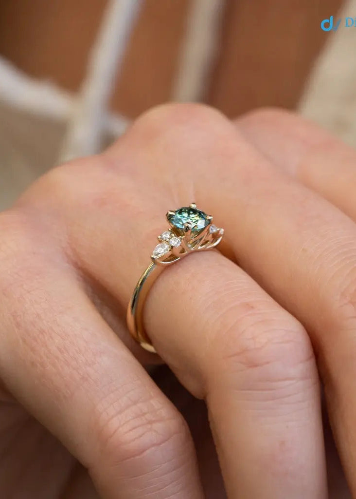 Round Cut green vivid color lab diamond accented engagement ring - DisneyValley Main image