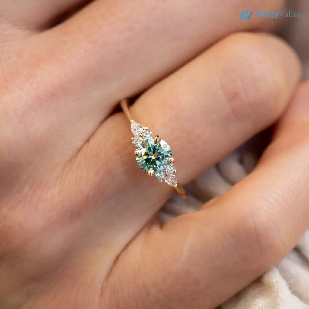 Round Cut green vivid color lab diamond accented engagement ring - DisneyValley