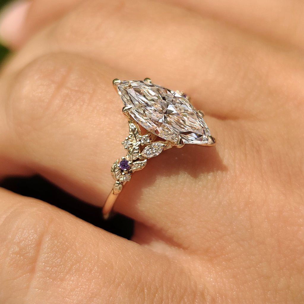 Marquise Diamond Ring in Nature Inspired Style with Amethyst Gemstone