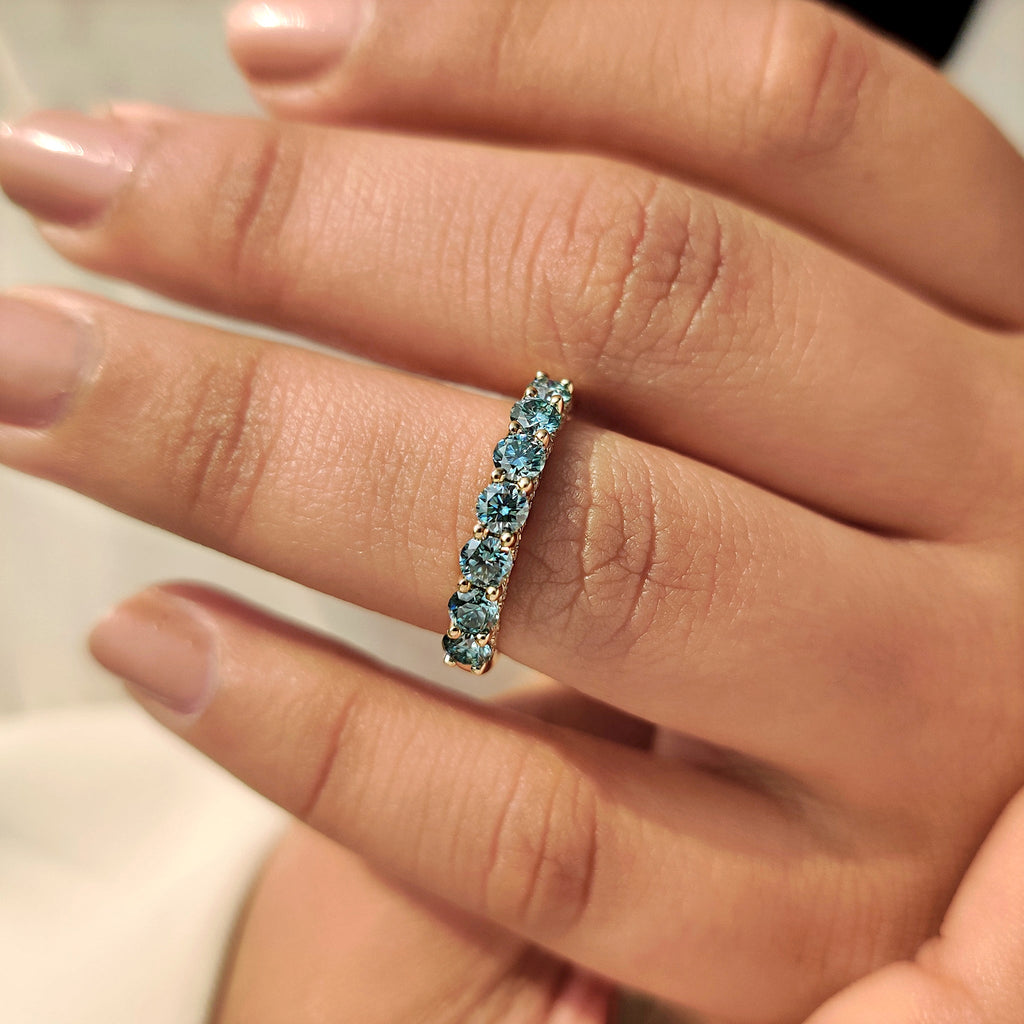 Blue Round Cut moissanite Half Eternity Wedding Band in Pave Style