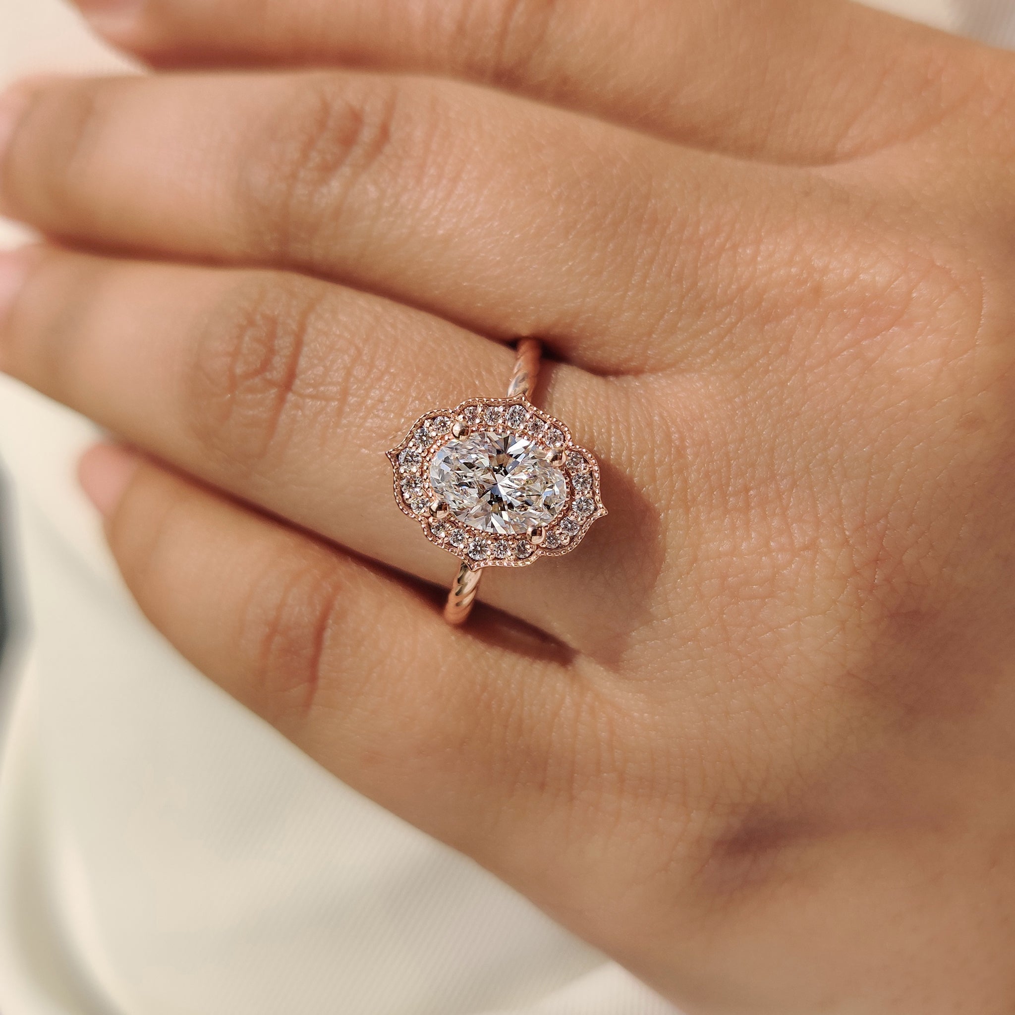 Oval Diamond Engagement Ring in Milgrain Details