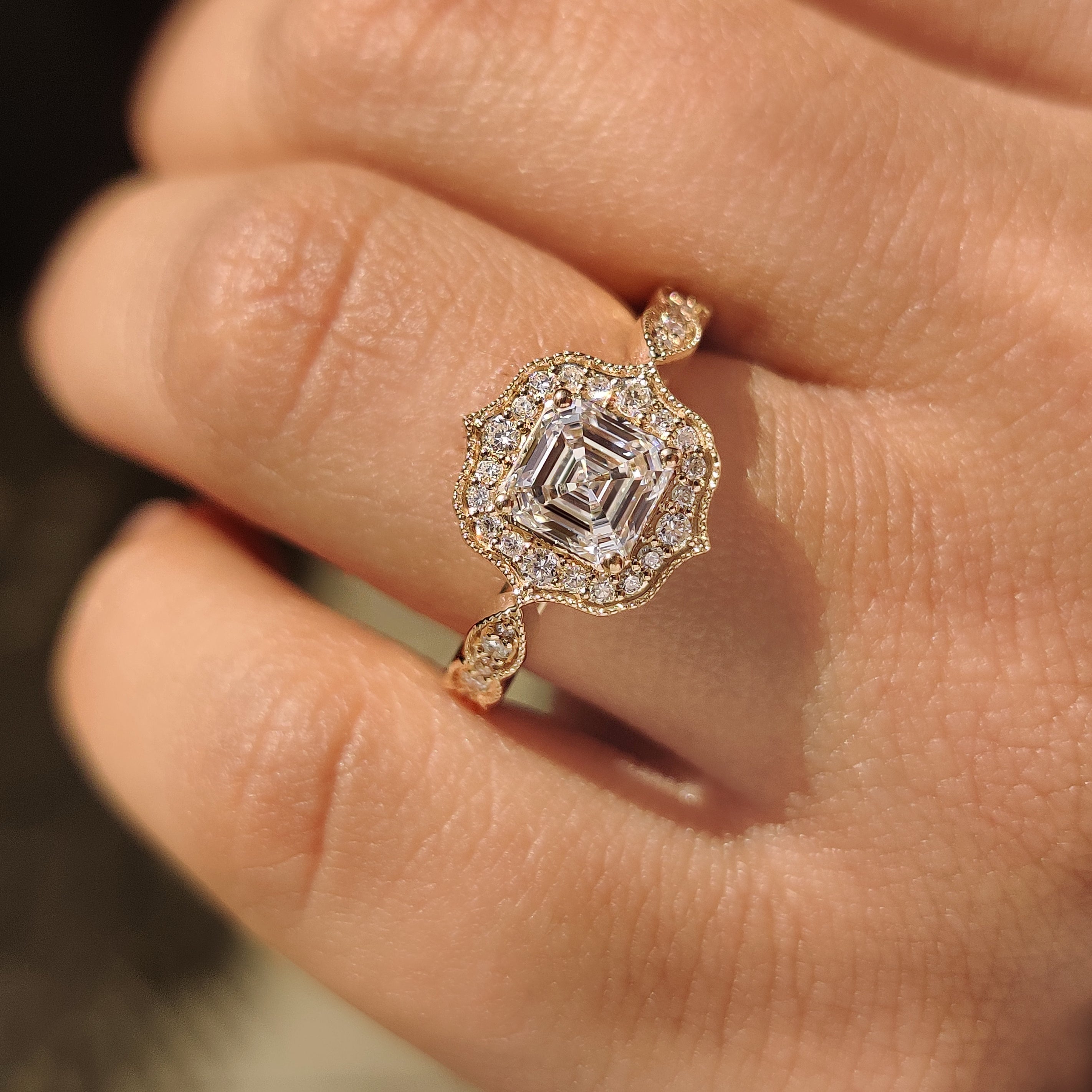 Vintage Style Asscher Cut Diamond Ring in Milgrain Details