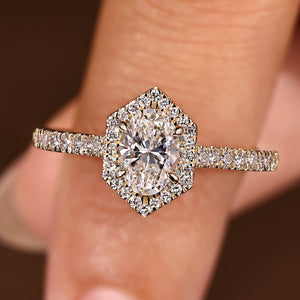Oval Engagement Ring with Round Cut Hexagon Shape Halo Setting