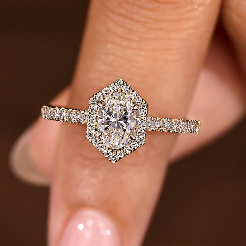 Oval Diamond Ring - Hexagon Halo Style