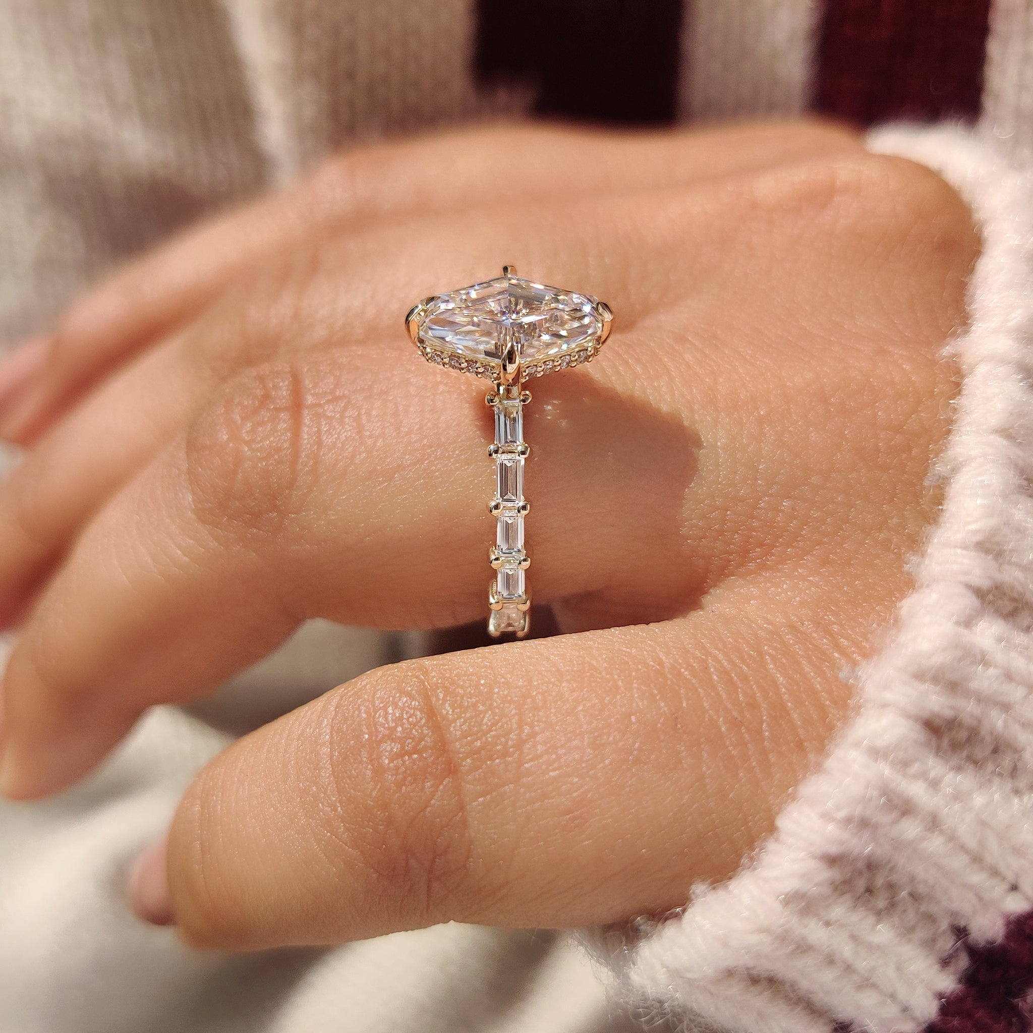 Squashed Hexagon Step Cut Ring with Baguette Cut Pave Band