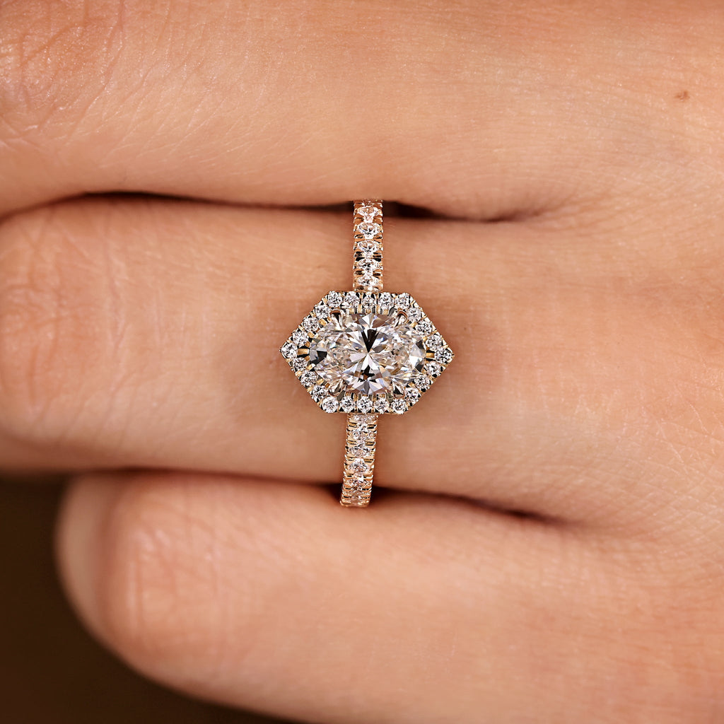 Oval Diamond Ring - Hexagon Halo Style