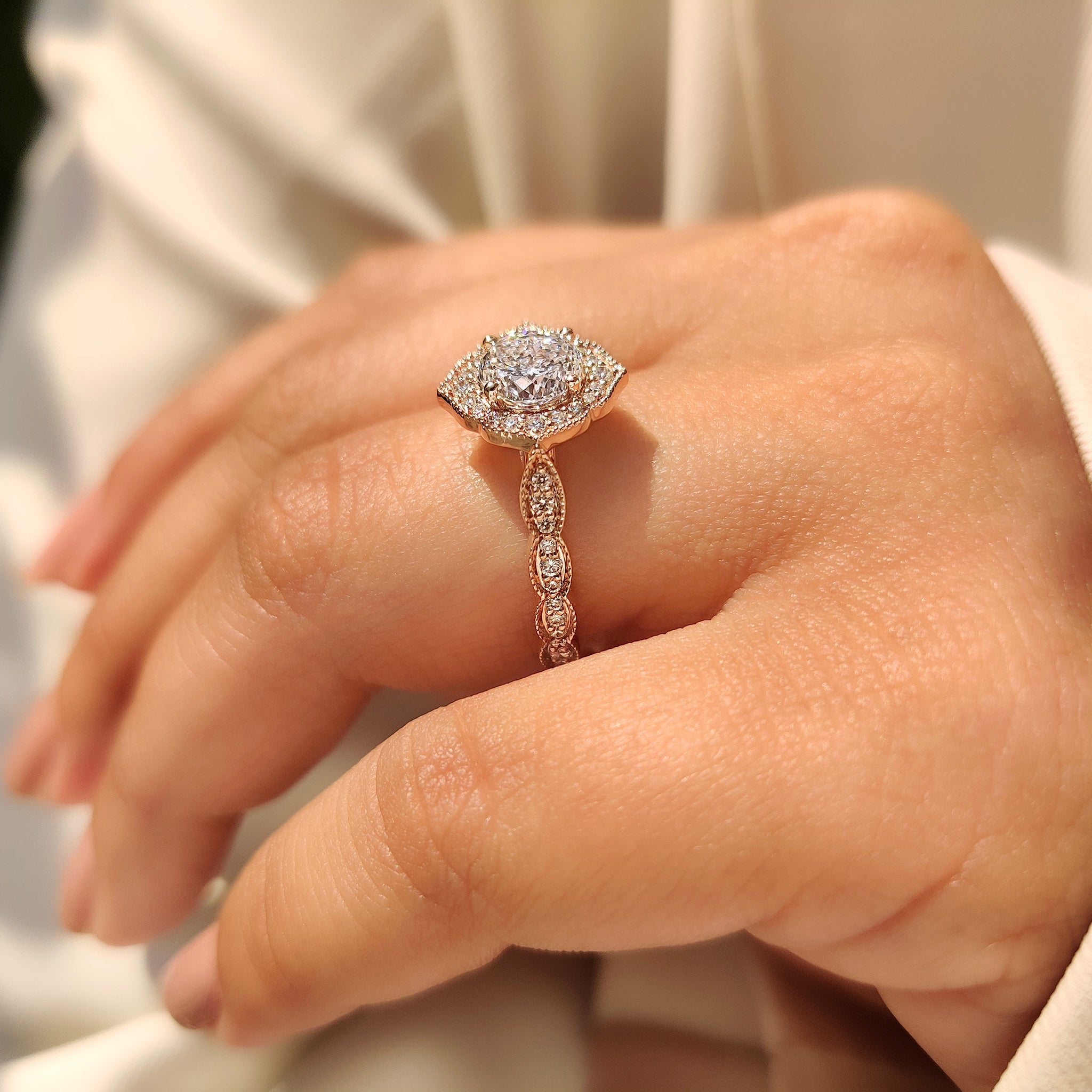 Portuguese Cut Diamond Ring in Milgrain Vintage Style
