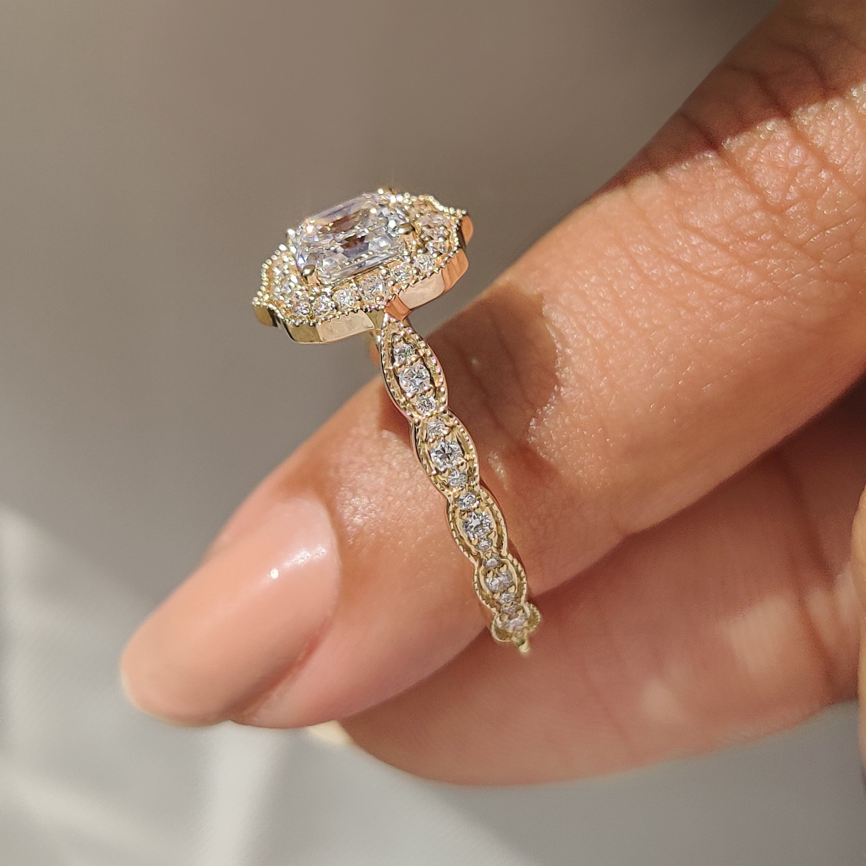 Vintage Style Asscher Cut Diamond Ring in Milgrain Details