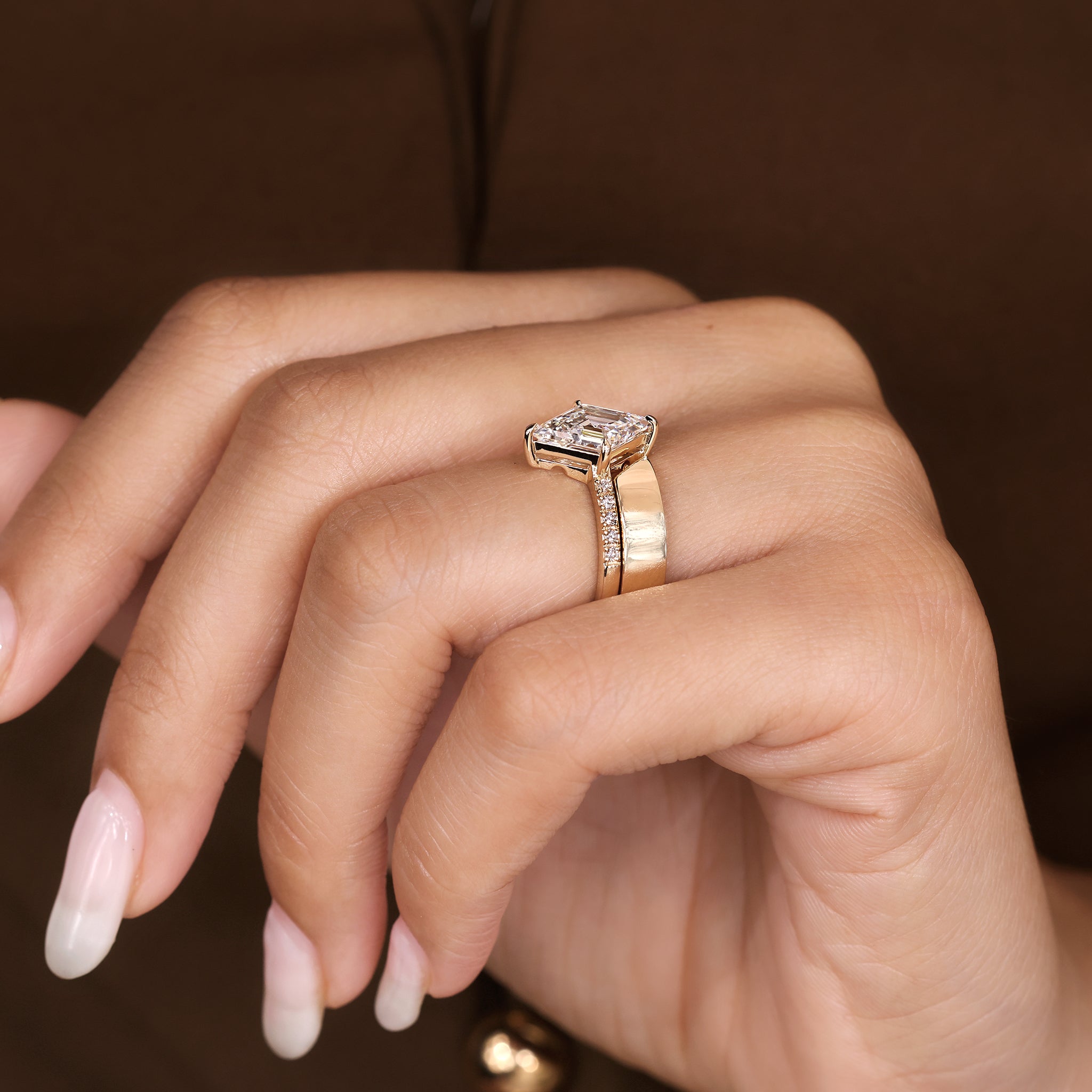 Lozenge Cut Pave Engagement Ring with Stackable Wedding Band