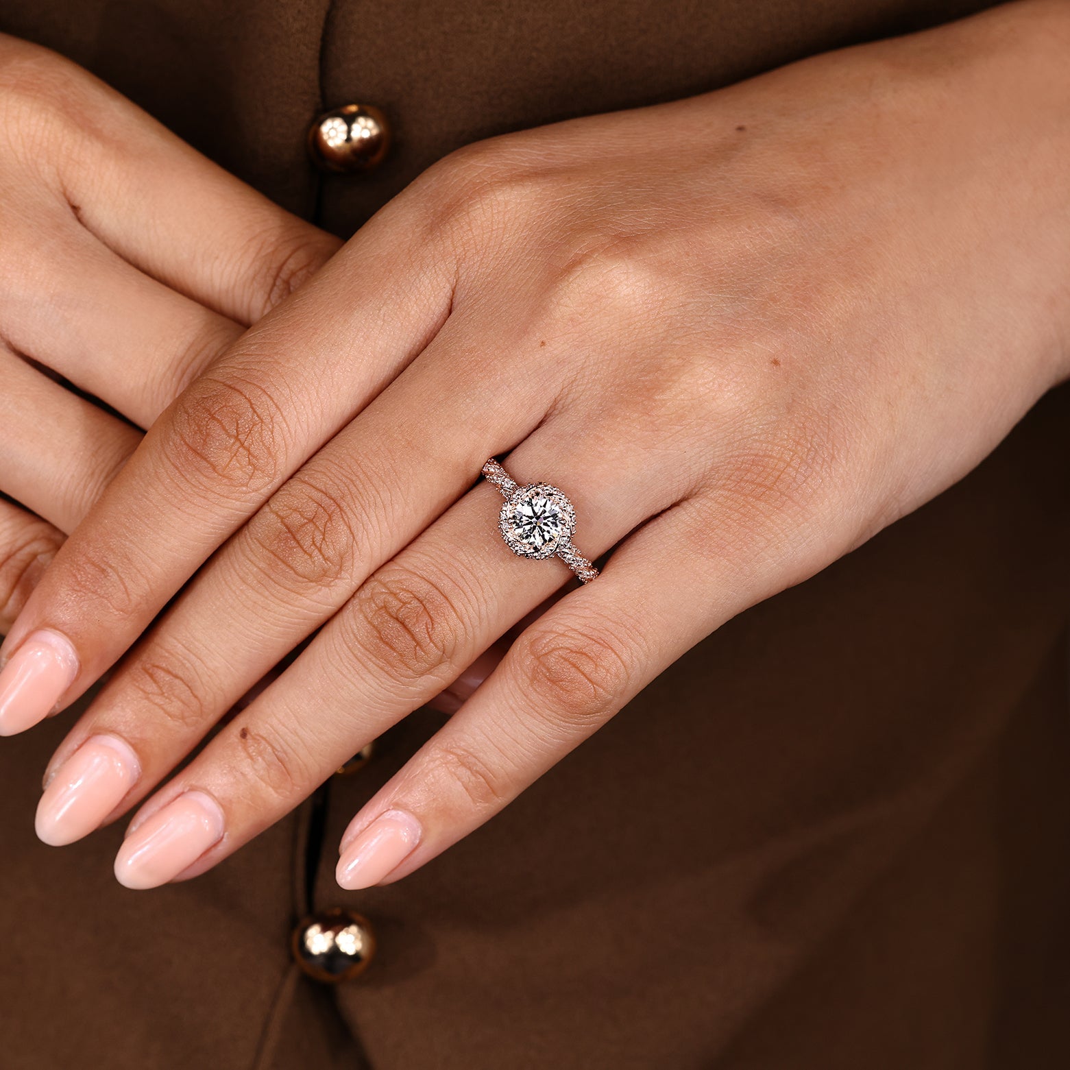 Round Cut Diamond Ring in Halo Style with Twisted Design
