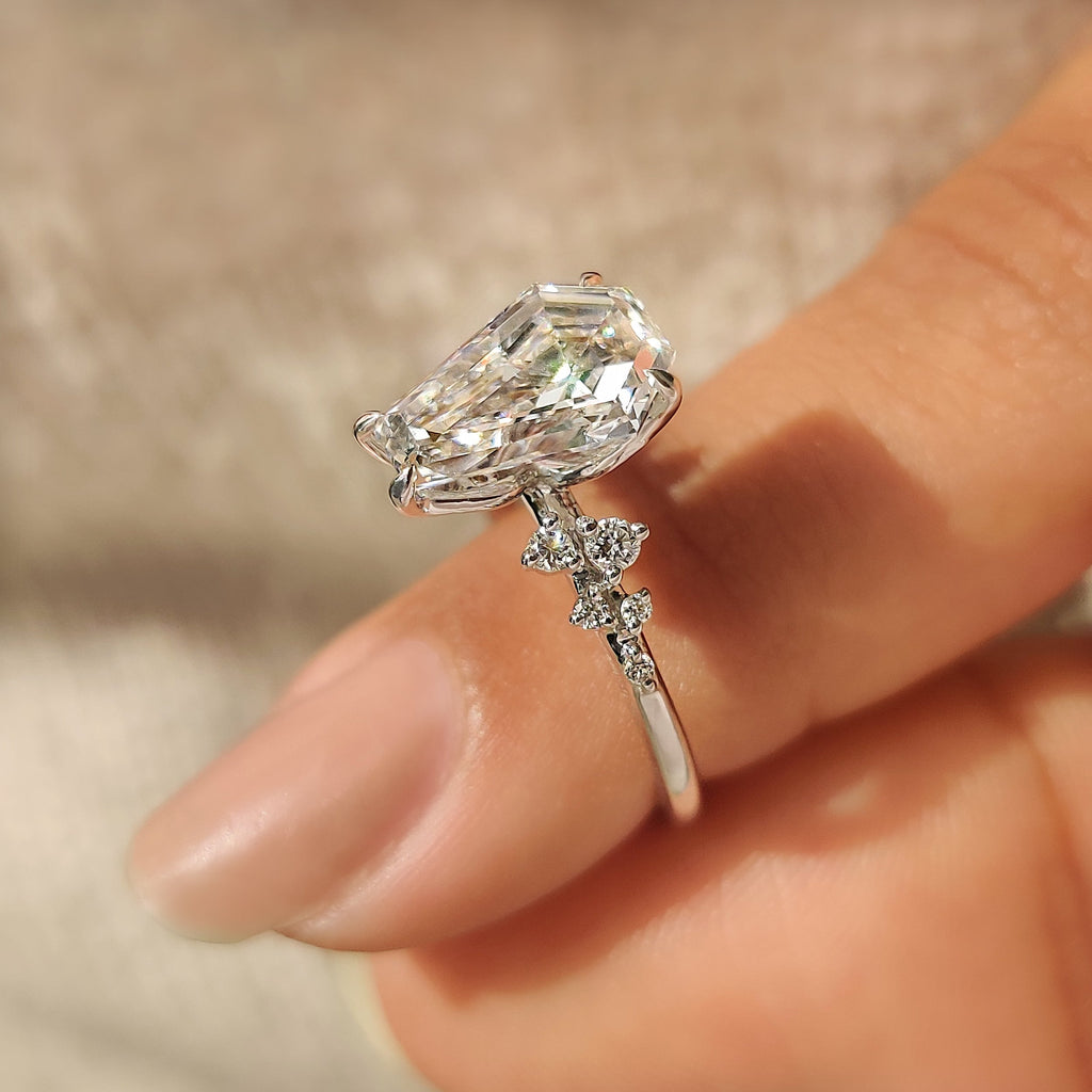 Coffin Cut Engagement Ring with Round Side Stone