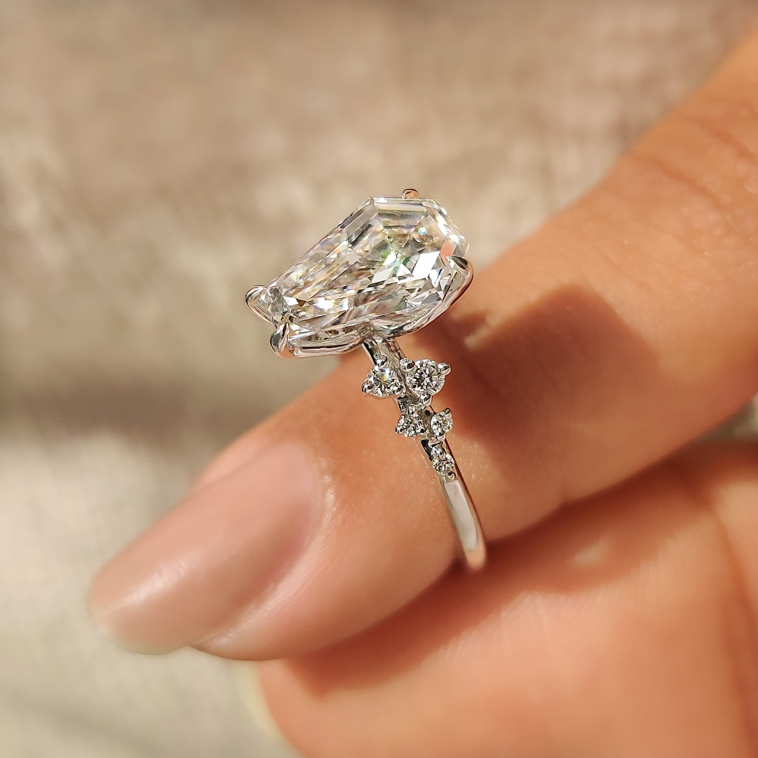 Coffin Cut Engagement Ring with Round Side Stone