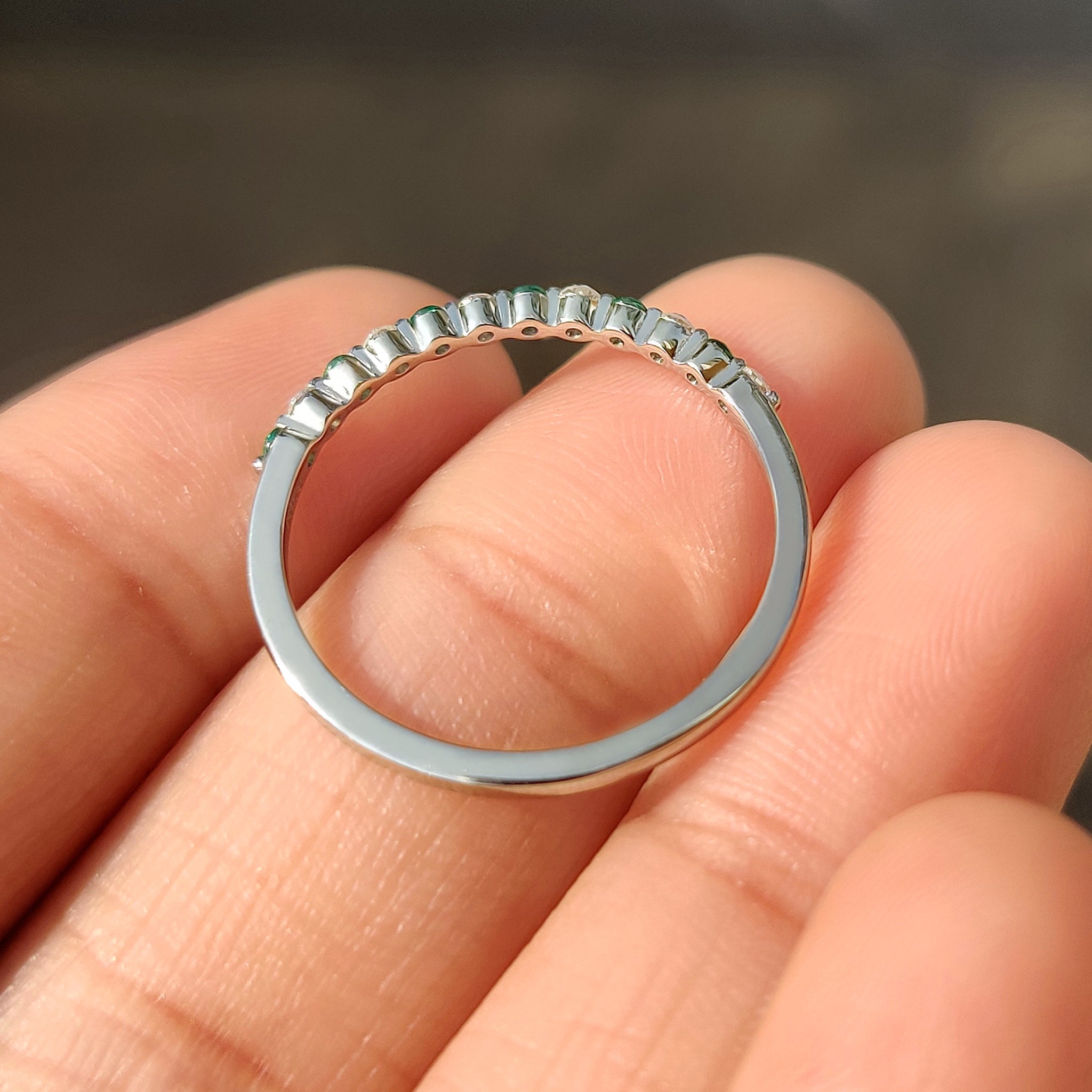 Half Eternity Band with Round Cut Diamond and Emerald Gemstone