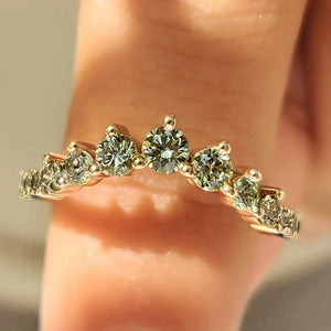 Green Round Diamond Half Eternity Wedding Band in Chevron Style