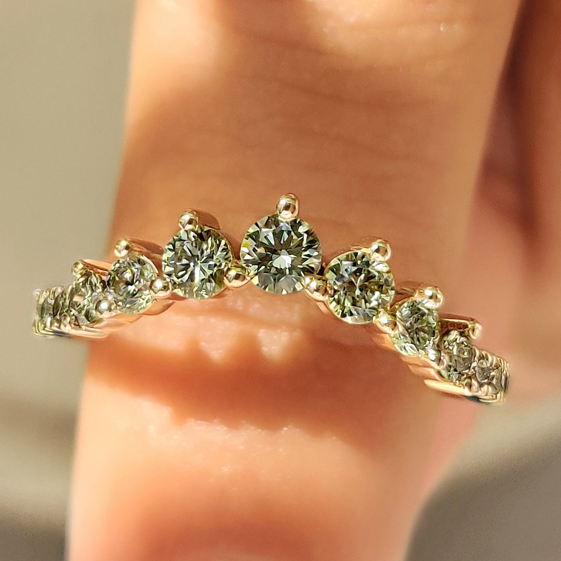 Green Round Diamond Half Eternity Wedding Band in Chevron Style