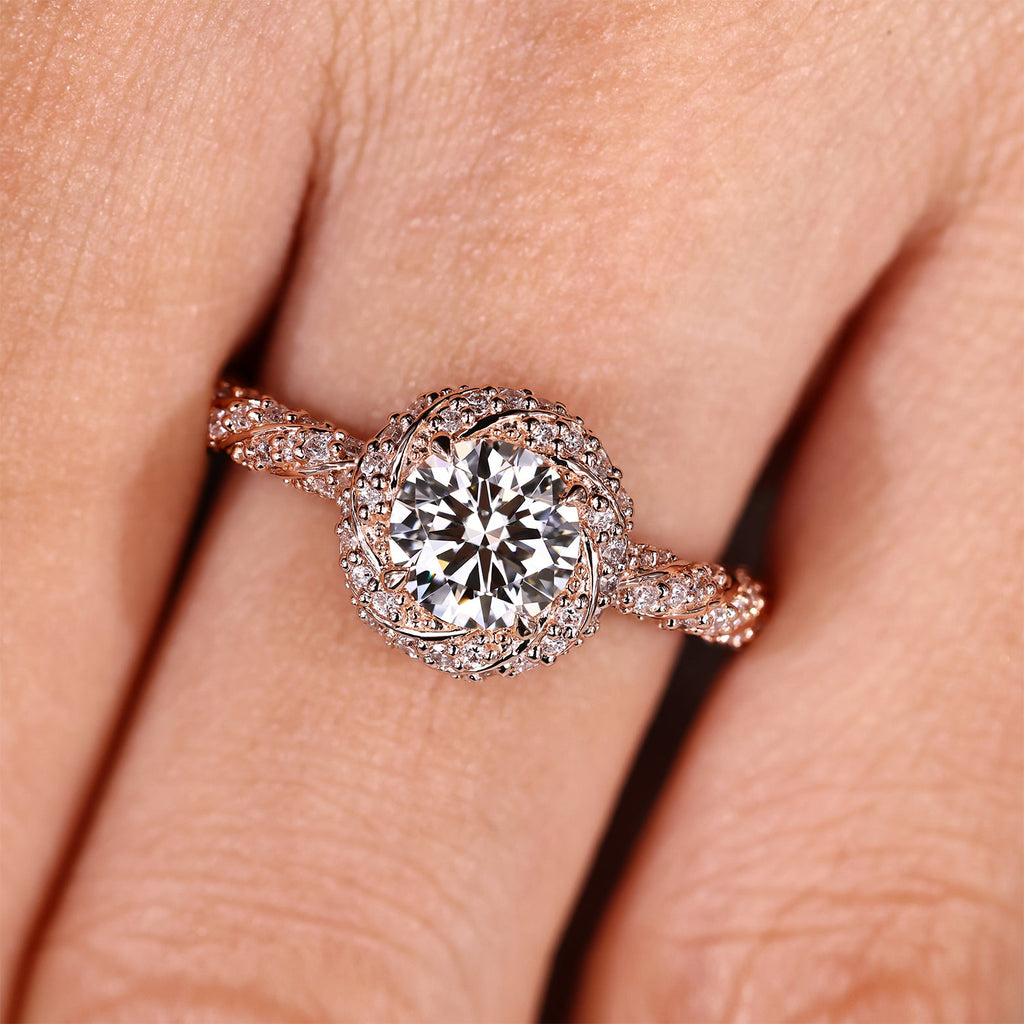Round Cut Diamond Ring in Halo Style with Twisted Design