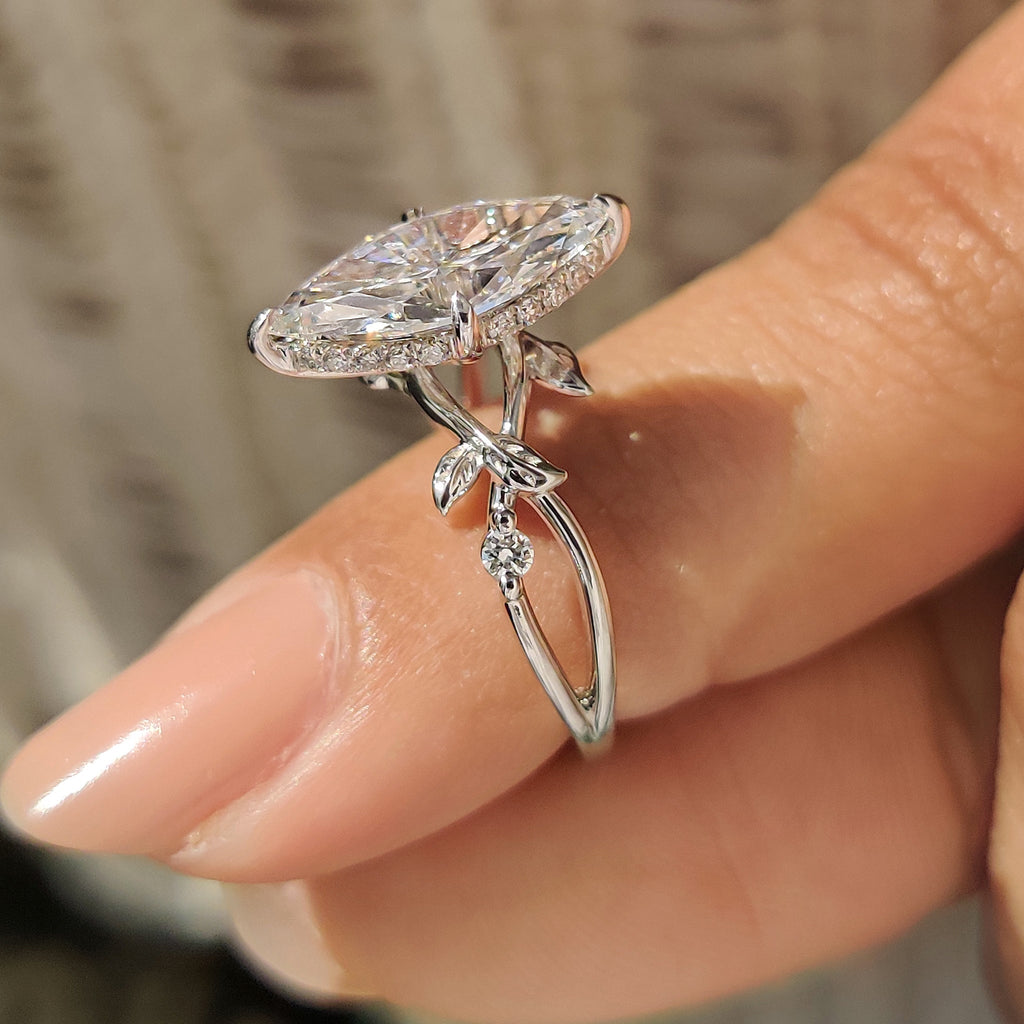 Marquise Cut Ring with Round Side Stone in Nature Inspired Style
