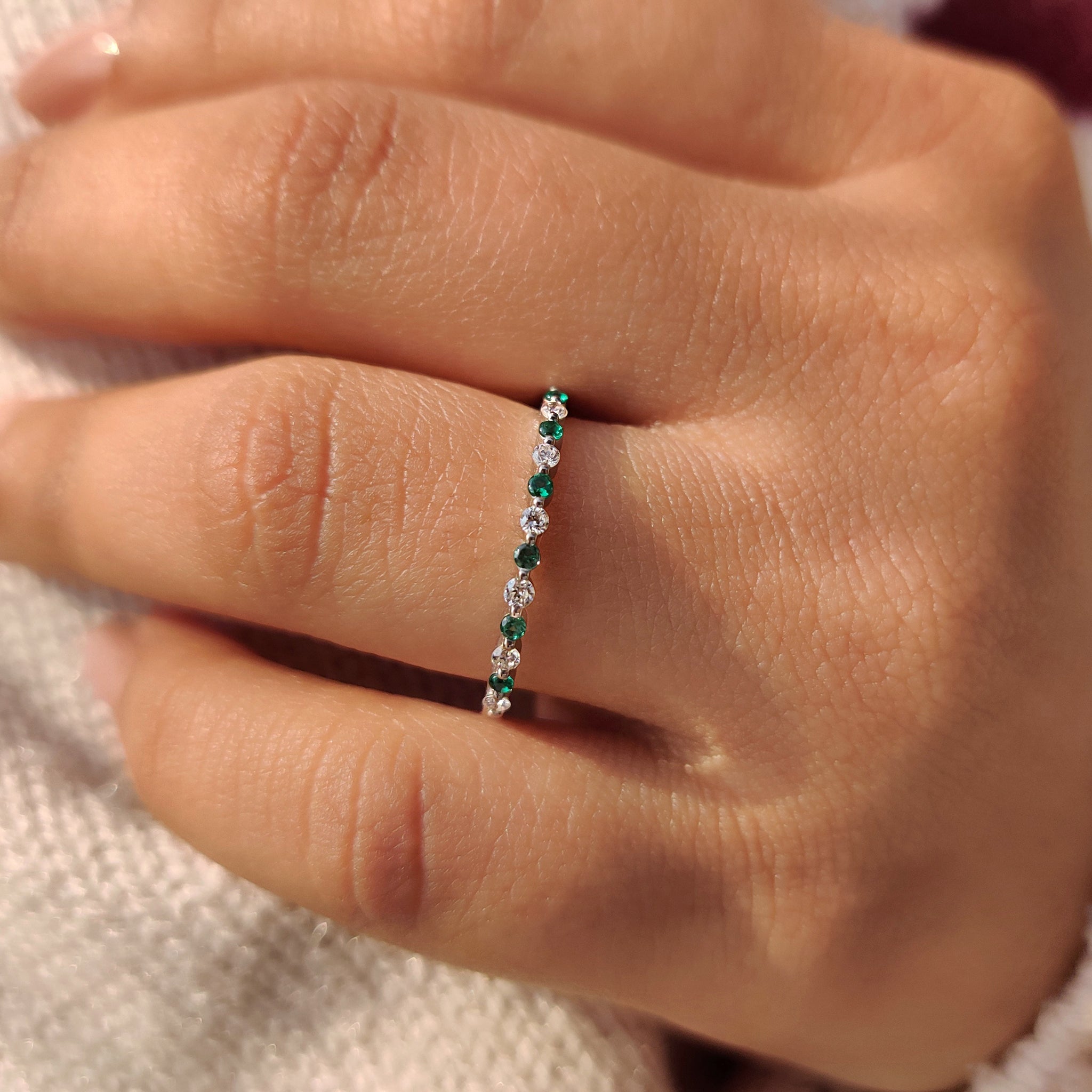 Half Eternity Band with Round Cut Diamond and Emerald Gemstone