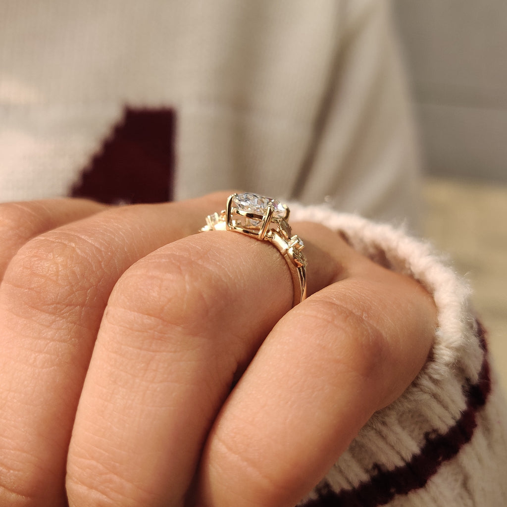 Nature Inspired Oval Diamond Ring in Leaf Style Prong