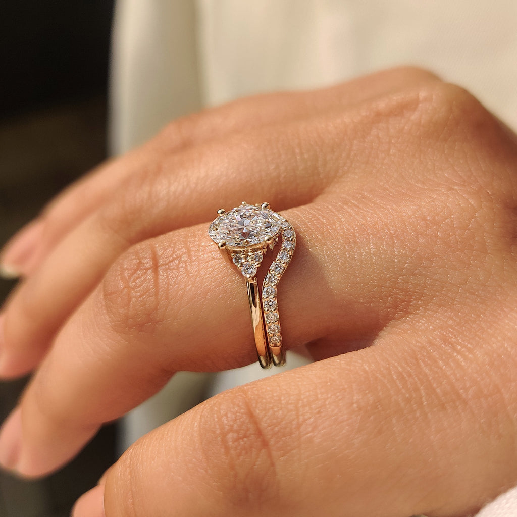 Oval Engagement Ring with Wedding Band in Half Eternity Style