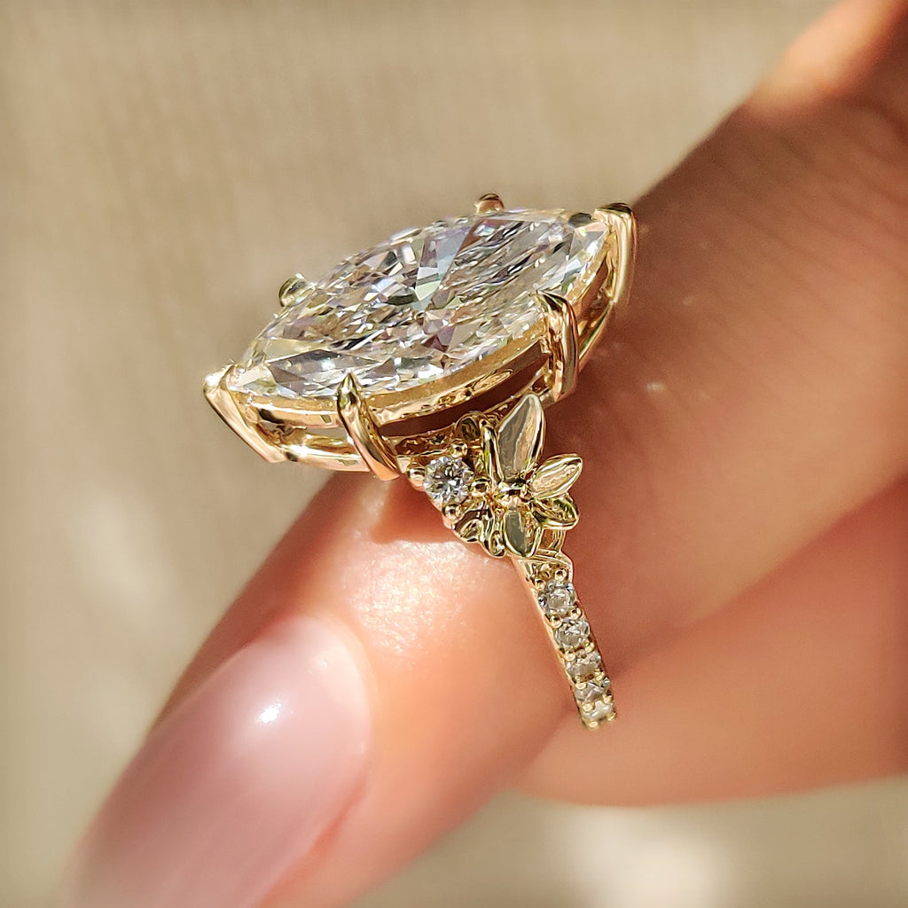 Nature Inspired Marquise Diamond Ring in Flower Detailing