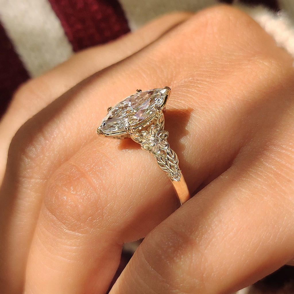 Flower Design Marquise Cut Diamond Ring In Vintage Style