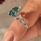 Cyan Blue Moissanite Pear Nature inspired Ring with Leaf Design
