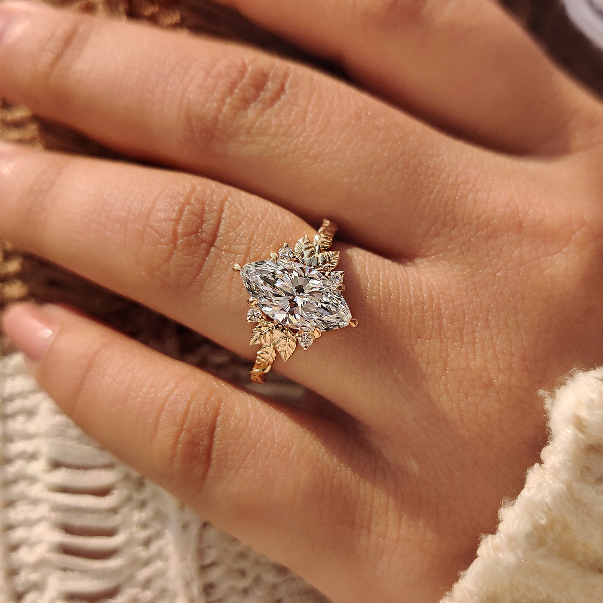Marquise Diamond Nature Inspired Engagement Ring with Leaf Details