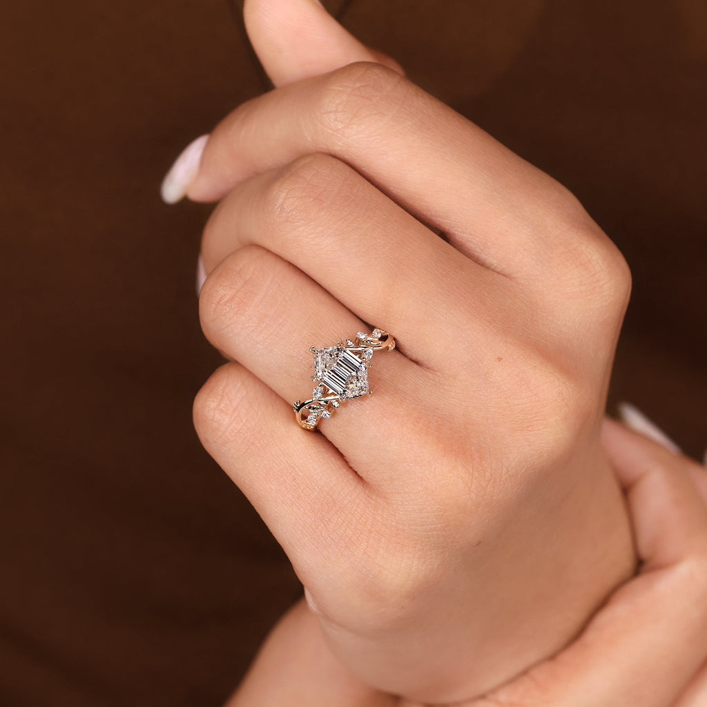 Nature Inspired Ring with Elongated Hexagon Step Cut Diamond