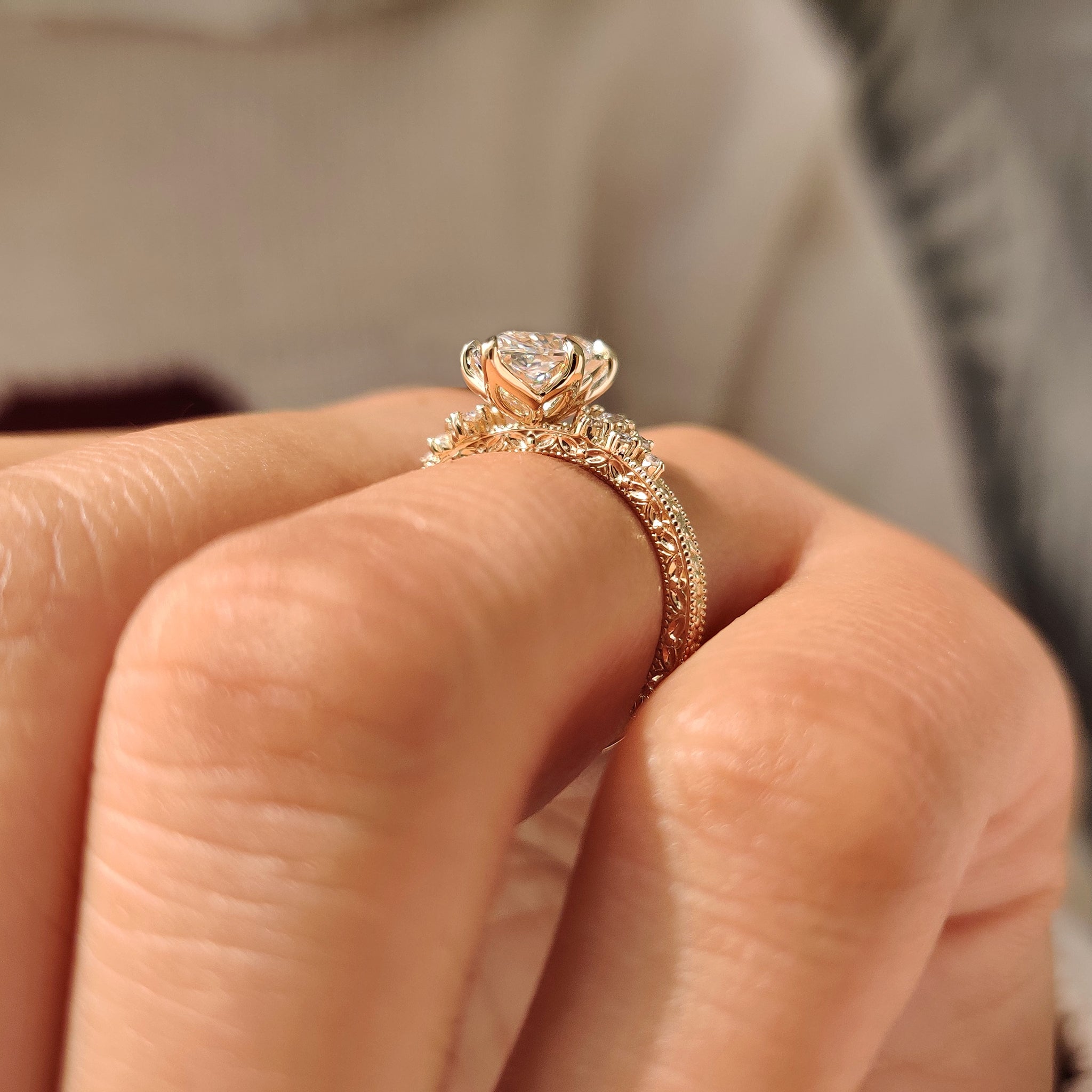 Dutch Marquise Diamond Ring with Hand Engraved Filigree Design