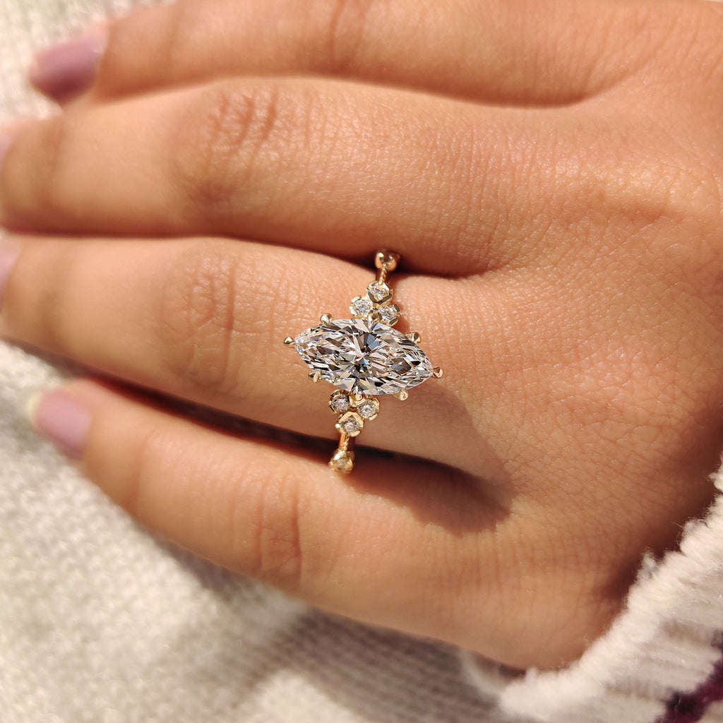 Vintage Style Marquise Lab Grown Diamond Ring with Milgrain Details