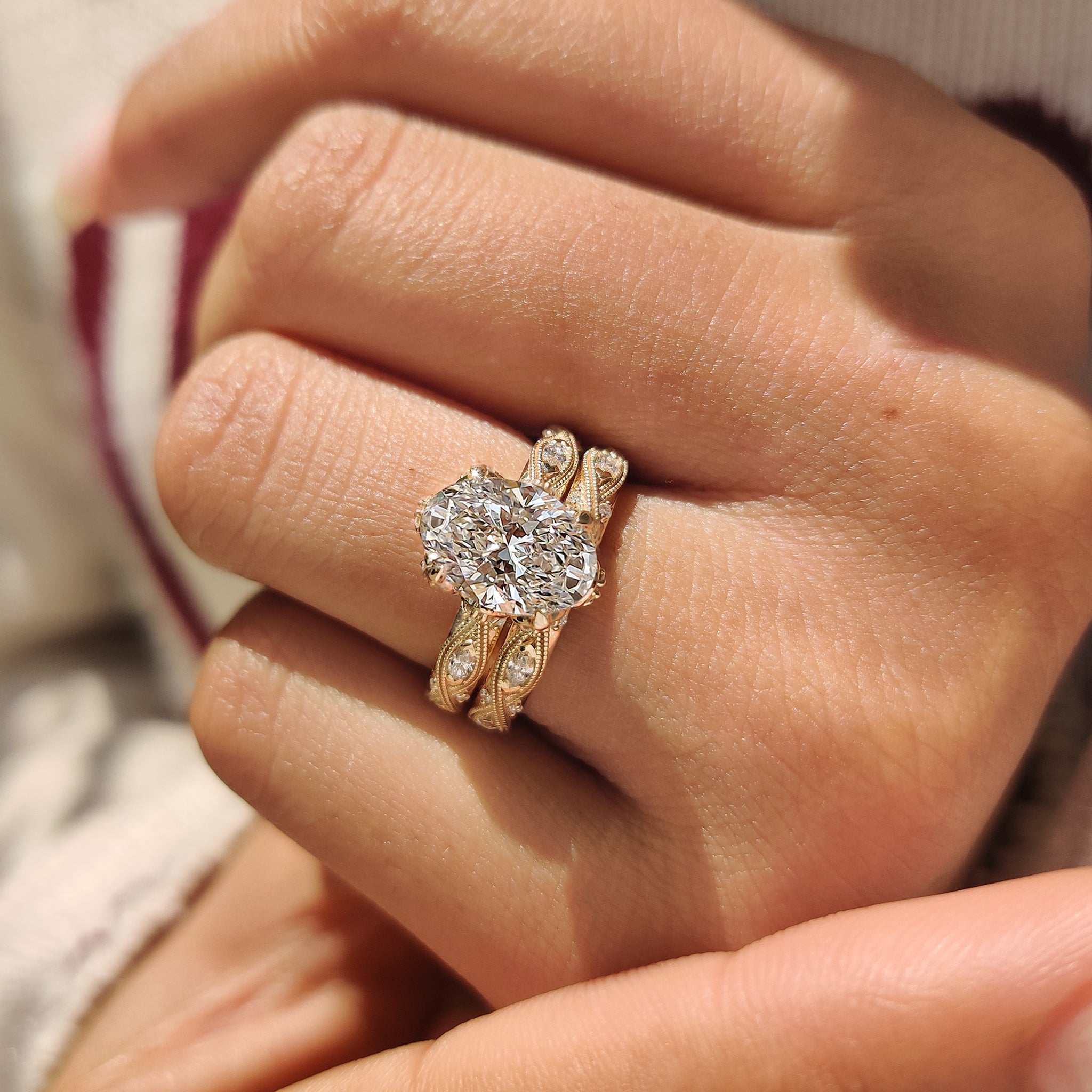 Oval Cut Ring with Eternity Band Vintage Bridal Set in Milgrain Details