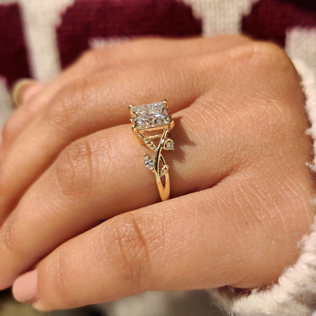 Nature Inspired Princess Cut Ring in Leaf Details