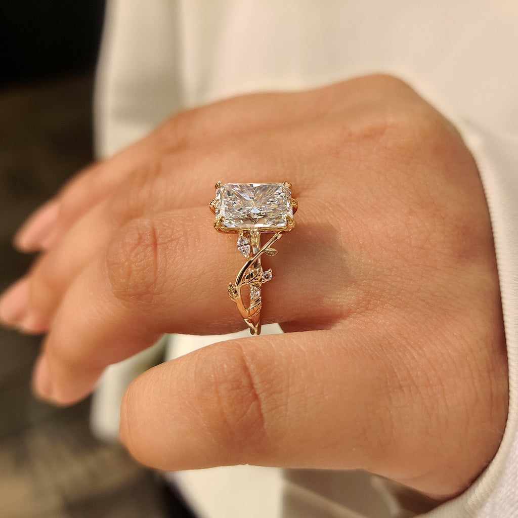 Radiant Cut Nature Inspired Engagement Ring with Leaf Style Prong