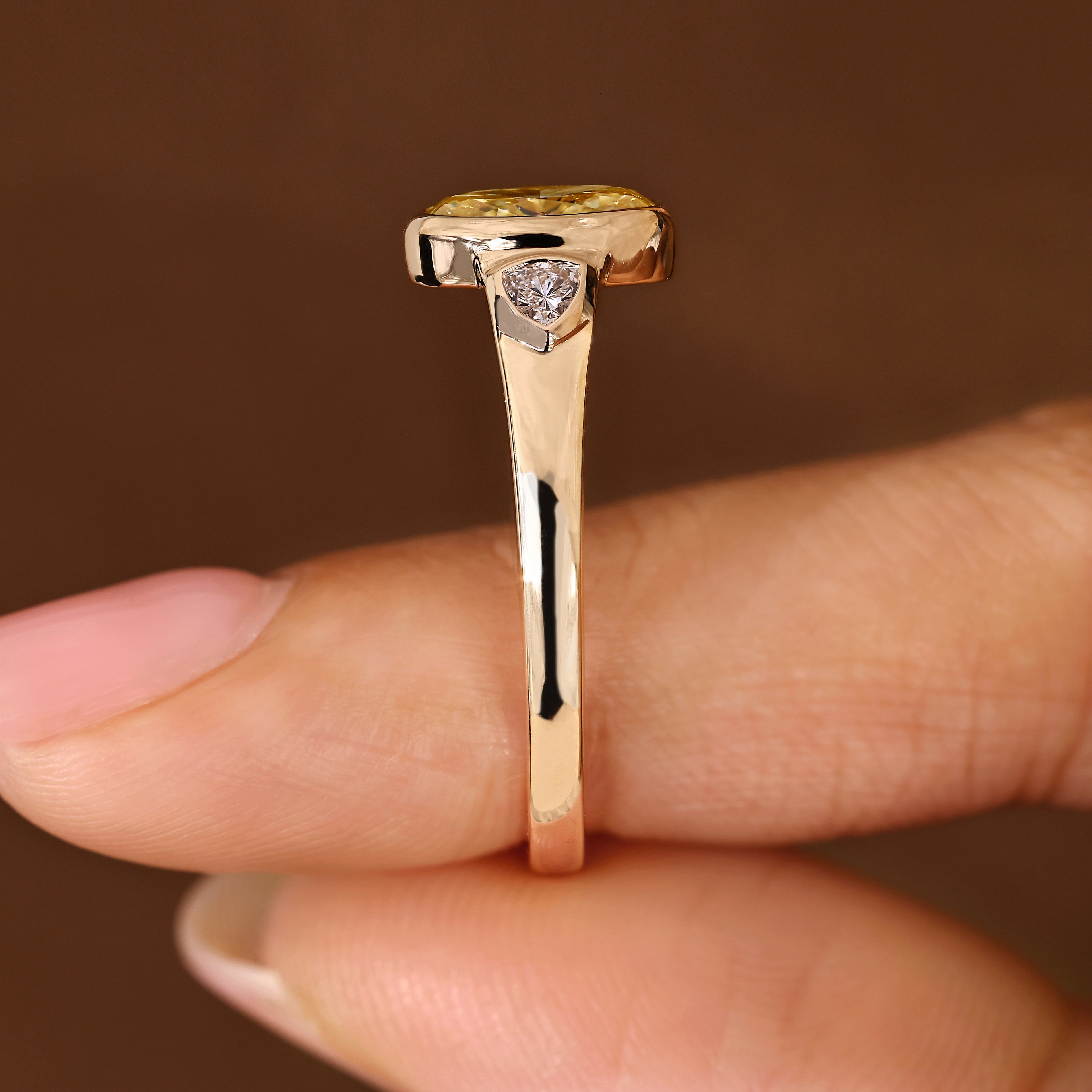 Three Stone Yellow Oval Cut Engagement Ring With Trillion Side Stone