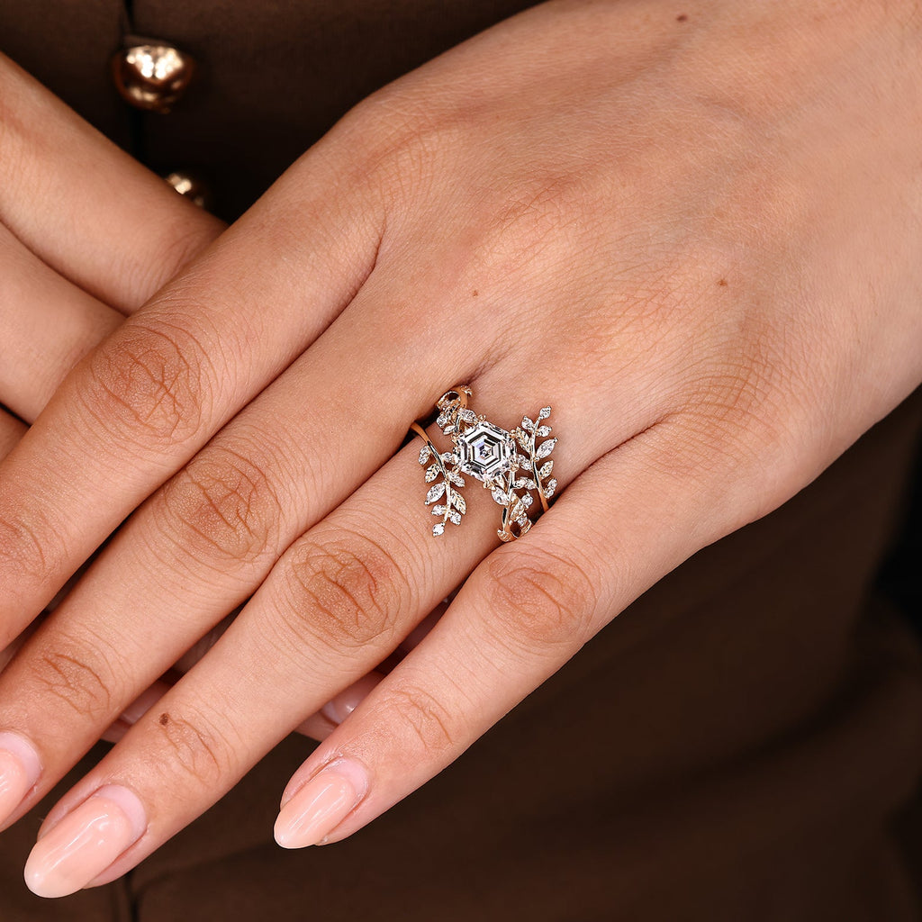 Hexagon Engagement Ring With Wedding Band In Nature Inspired Style